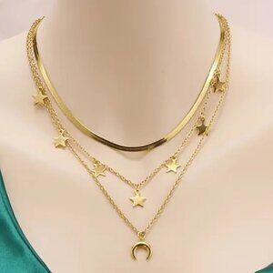 18kt Gold Plated Stainless Steel Multi-layered Star Moon Necklace Chains